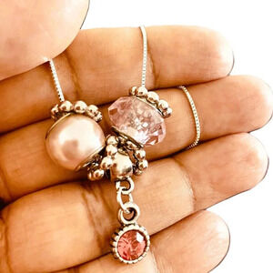 Pink Crystal & Beaded charm pendant solid 925 Sterling Silver Box chain Necklace